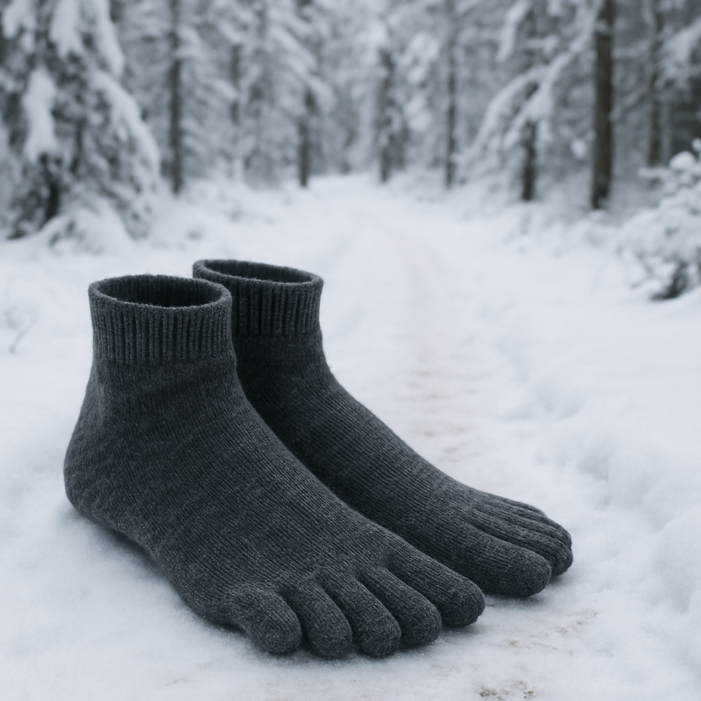 En närbild av ett par tåstrumpor i fin merinoull, liggande bredvid en snötäckt skogsstig. Alt: tåstrumpor ull – varm och andningsbar friluftsutrustning