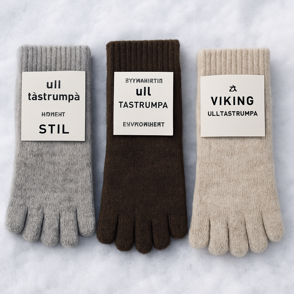 En närbild på tre olika ulltåstrumpor staplade bredvid varandra, med tydlig synlighet på materialetiketter och en snöig bakgrund. Alt: jämförelse av populära tåstrumpor i ull