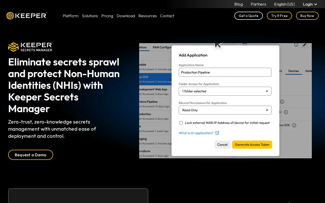 Screenshot of the Keeper Secrets Manager (by Keeper Security) website