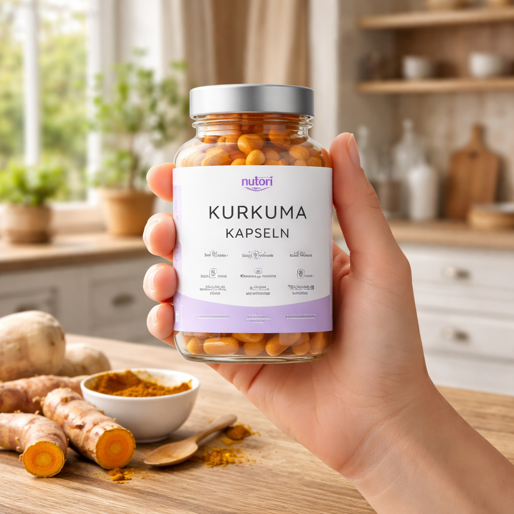 A photorealistic scene of a hand holding a bottle of turmeric capsules on a wooden kitchen table, German kitchen background, sunlight through a window, showing clear label and natural turmeric root beside it. Alt: kurkuma kapseln kaufen, hochwertige Nahrungsergänzung, transparente Zutaten.