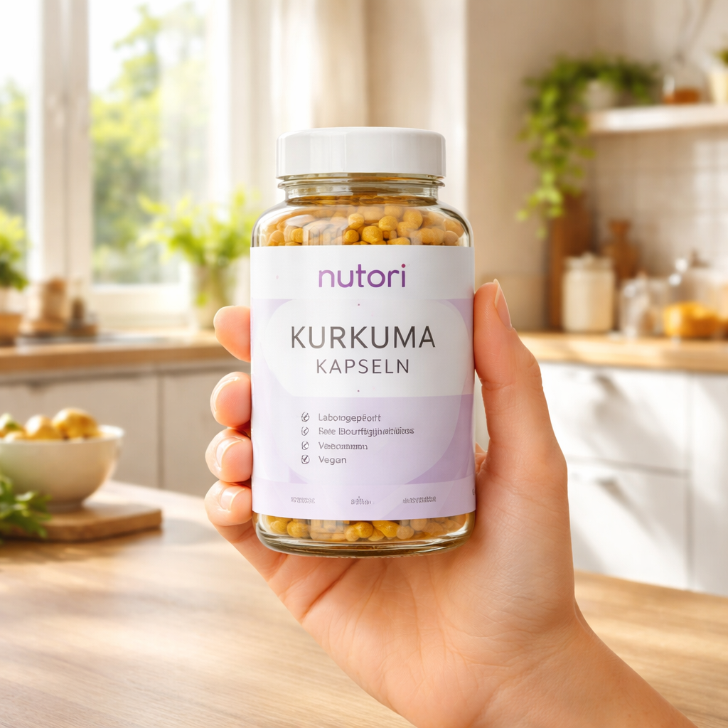 A photorealistic scene of a hand holding a bottle of turmeric capsules on a clean wooden kitchen counter, German kitchen background with sunlight through a window, showing the product label clearly. Alt: kurkuma kapseln sicher online bestellen, vertrauenswürdiger Shop, Laborgeprüft.