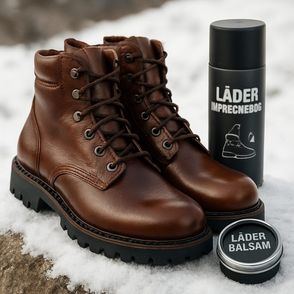 En närbild av ett par läderkängor för vintervandring herr stående på en snötäckt sten, med fokus på den glänsande läderbalsamen och den djupa Vibram‑sulan. Alt: läderkängor under vintervård, skyddande balsam och impregneringsspray.