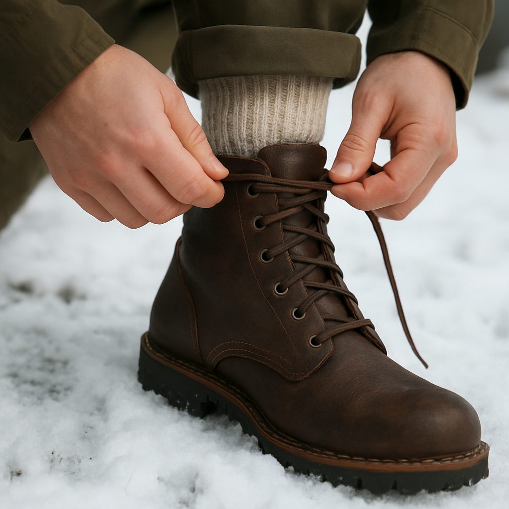 En närbild på en person som knyter sina läderkängor utan membran i snö, med tydligt synliga detaljer av läderets struktur och tjocka ullstrumpor. Alt: läderkängor utan membran vinter, detaljerad bild av vinterfotutrustning.