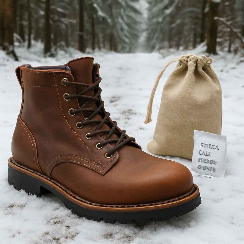 En närbild på ett par läderkängor utan membran placerade på en snötäckt skogsstig, med en cederträpåse och ett paket silica gel i bakgrunden. Alt: läderkängor vintervård utan membran.