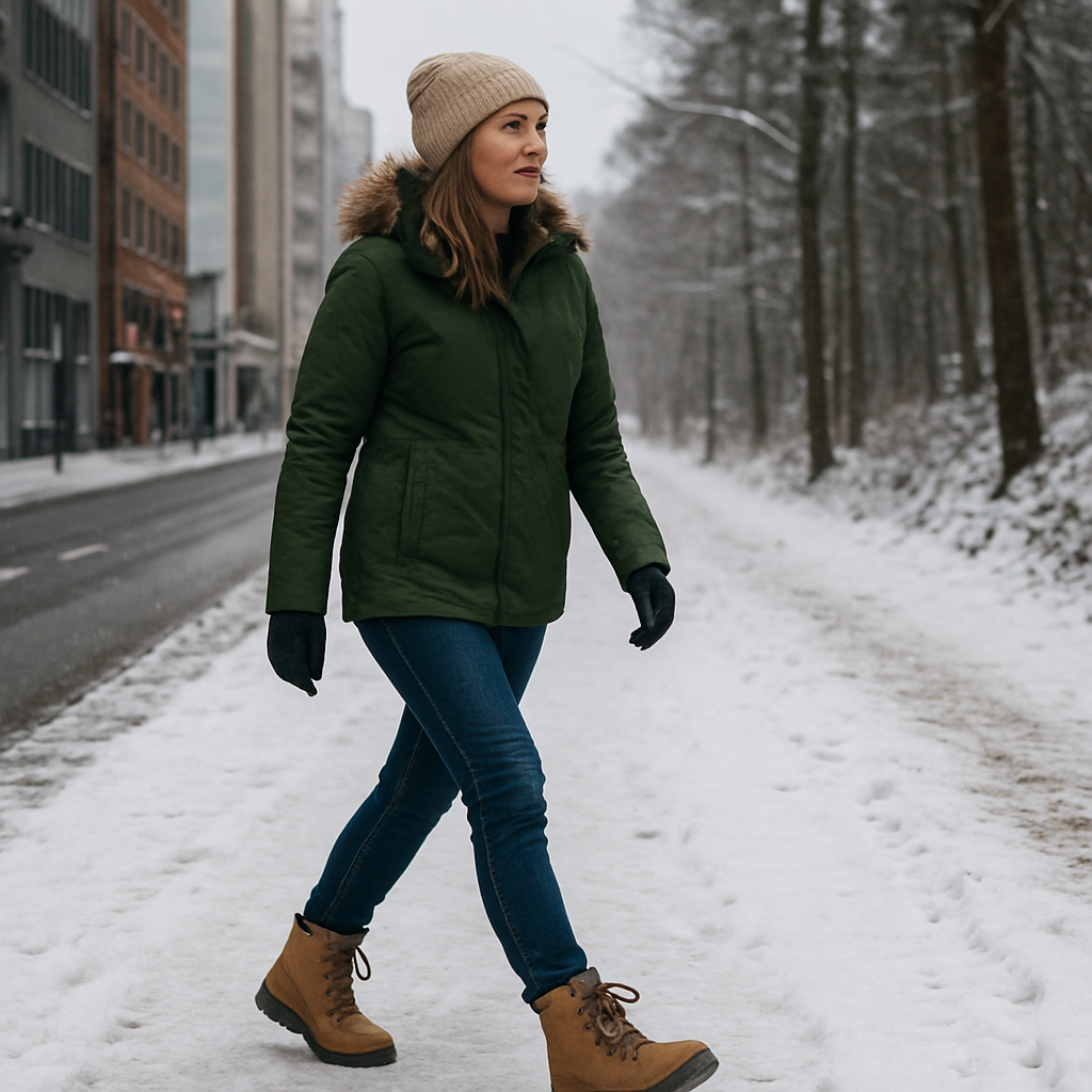 En kvinna i lätta vinterkängor dam som går på en snötäckt stadsgata, med en bakgrund av både urbana byggnader och en skogsstig. Alt: lätta vinterkängor dam i urban och friluftsmiljö.