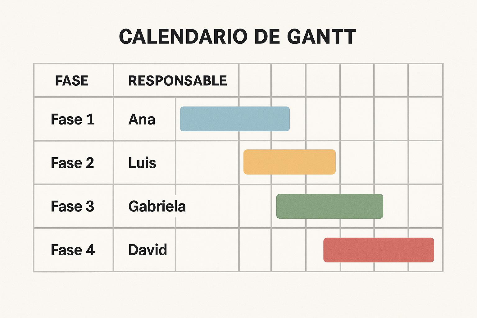 Calendario de Gantt con fases y responsables