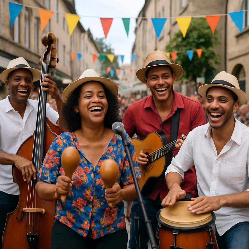 Grupo de músicos cubanos actuando en un festival en Europa, mostrando alegría y energía auténtica. Alt: Asociación de artistas cubanos actuando en Europa con música auténtica cubana.
