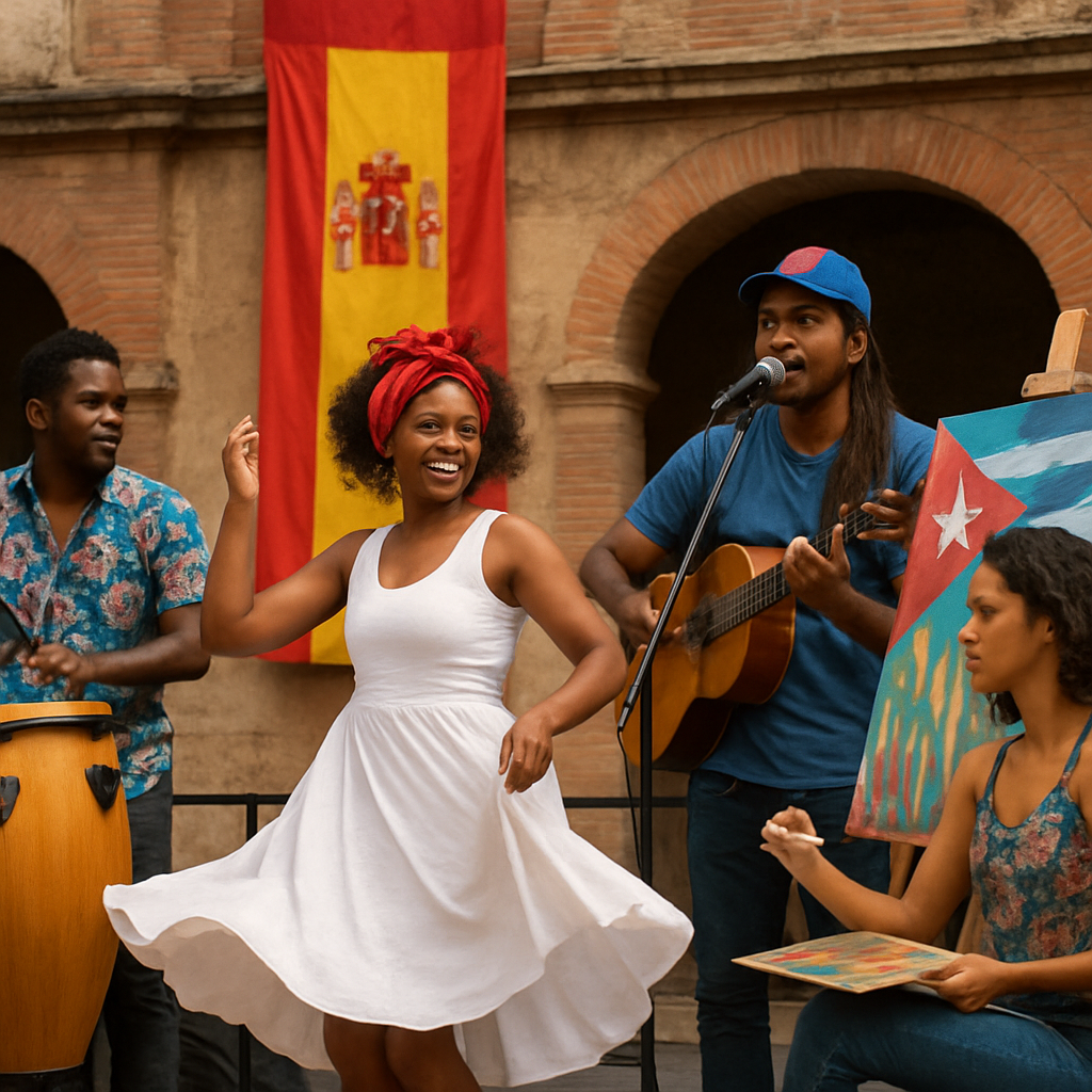 Un grupo diverso de artistas cubanos en un escenario en España, mostrando música, danza y arte visual. Alt: Artistas cubanos en España mostrando diversidad cultural y artística.