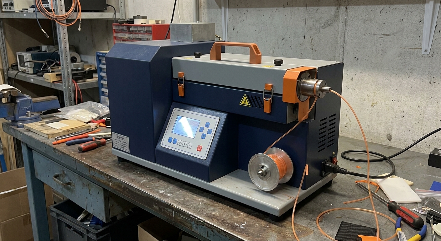 A realistic scene of a compact lab extruder on a workbench, showing the control panel and a small tube being wound onto a spool, emphasizing its space‑saving design.