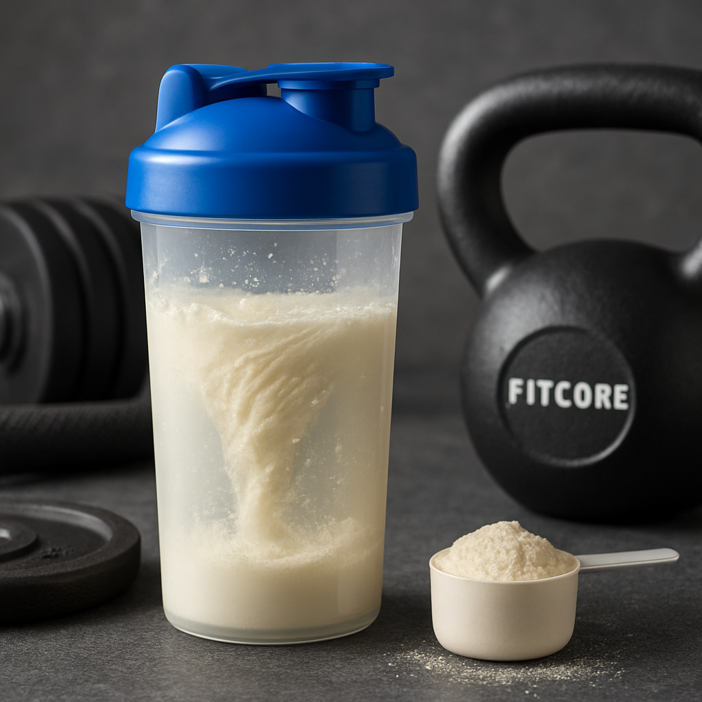 A high‑resolution photo of a shaker bottle with a swirl of lactose free whey isolate powder dissolving, surrounded by gym equipment and a FitCore portable kettlebell. Alt: lactose free whey isolate protein powder mixing in a shaker bottle for active Canadians.