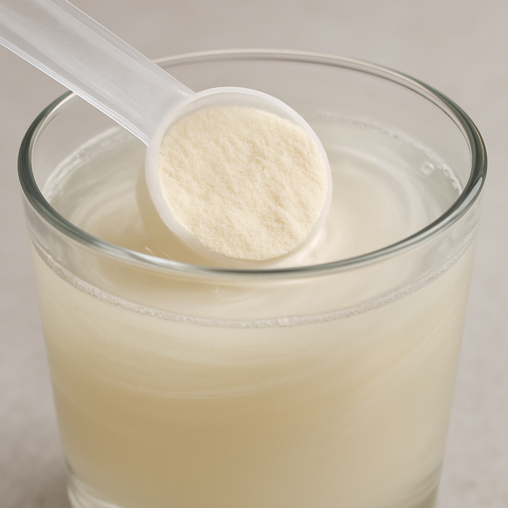 A close‑up of a clear protein powder scoop dissolving in a glass of water, showing smooth texture and no clumps. Alt: lactose free whey protein isolate powder mixing effortlessly in water.