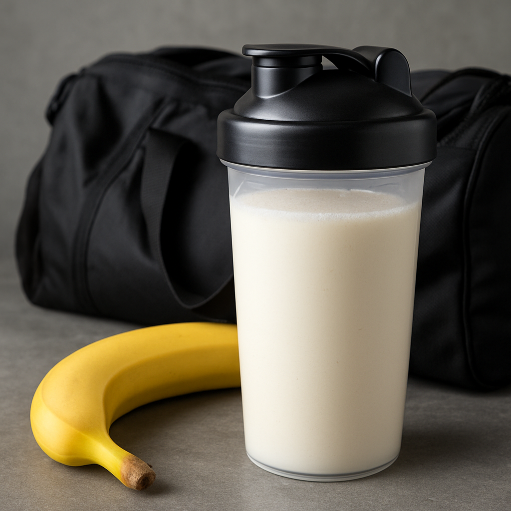 A sleek shaker bottle filled with a smooth, white whey isolate shake, sitting beside a banana and a gym bag. Alt: lactose free whey protein isolate shake ready for post‑workout recovery
