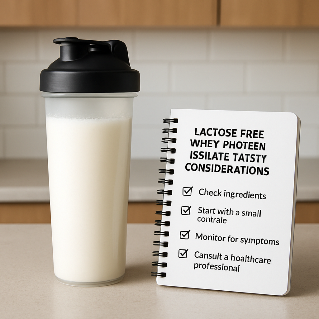 A sleek shaker bottle filled with a smooth, white lactose‑free whey isolate shake on a kitchen counter, next to a small notebook with a checklist of safety tips. Alt: lactose free whey protein isolate safety considerations visual guide.