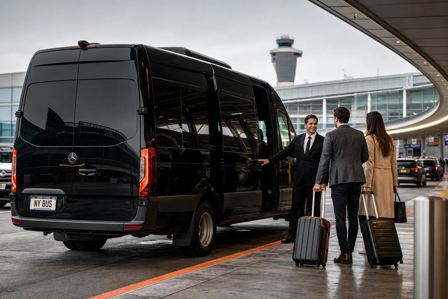 Executive van meeting a group at LaGuardia Airport arrivals.