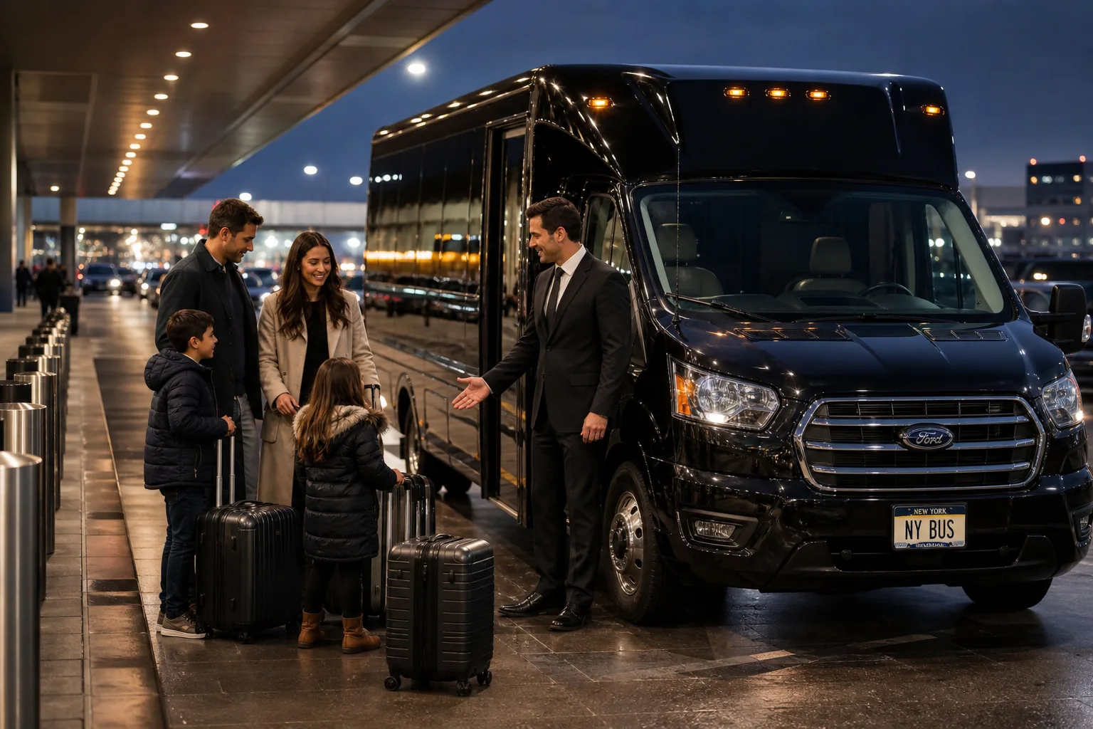 Chauffeur helping passengers manage luggage at a LaGuardia Airport shuttle pickup.