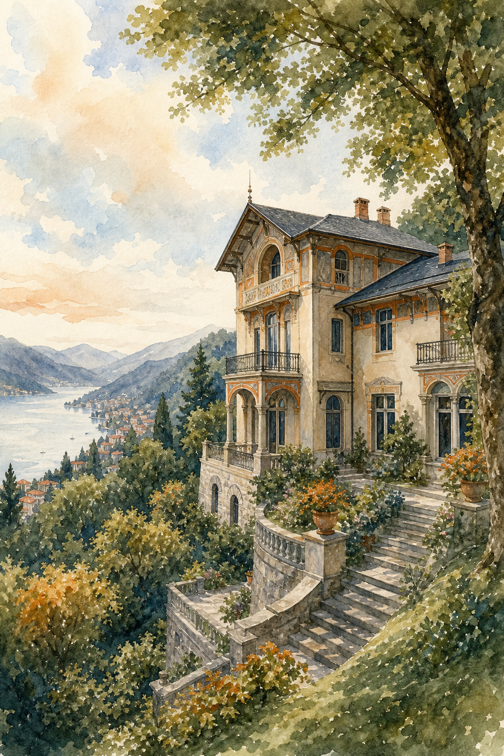 A watercolor illustration of <a href="https://villinorubini.com" rel="noopener" target="_blank">Villino Rubini</a>, an Art Nouveau estate in Brunate, surrounded by beech forest and gardens. Alt: Villino Rubini hillside estate above Lake Como
