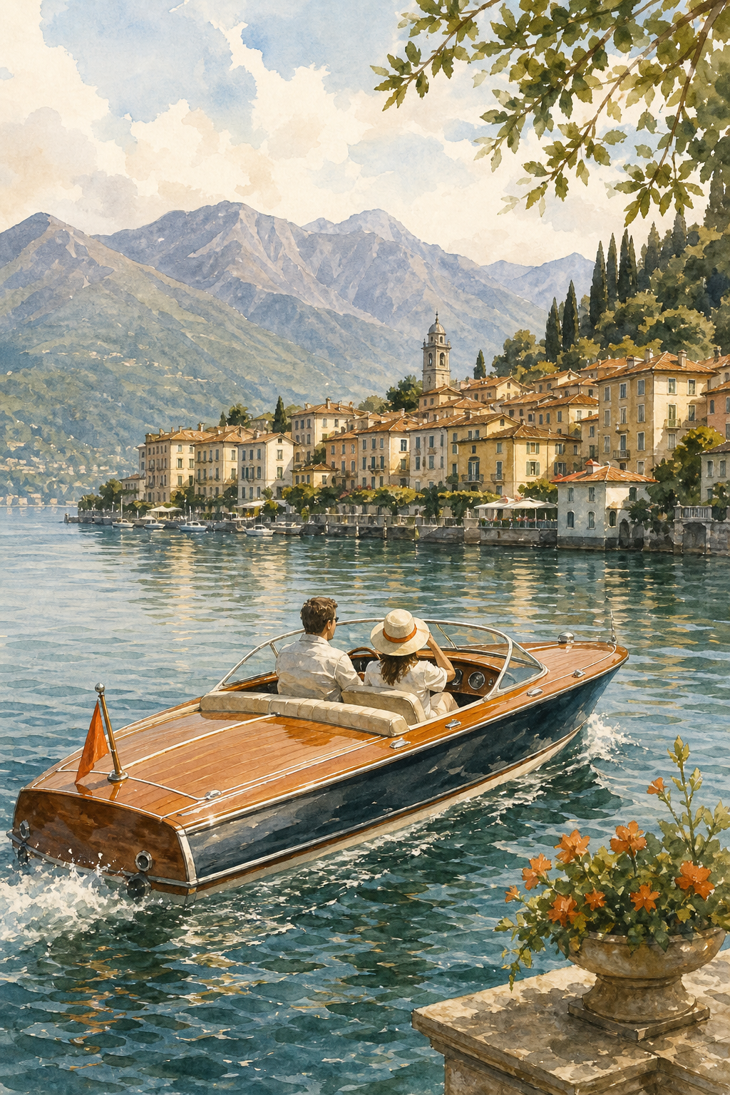 A watercolor scene of a classic wooden boat gliding across Lake Como, with Bellagio in the background. Alt: Classic wooden boat tour on Lake Como