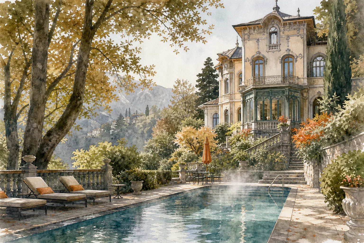 Heated pool and gardens at a boutique villa above Lake Como