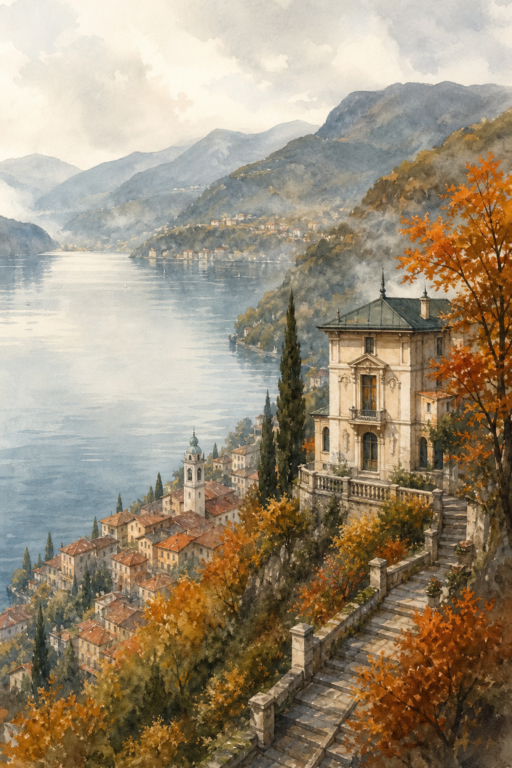 A watercolor scene of a misty autumn morning above a hillside village on Lake Como, with amber and ochre trees, stone buildings, and a pale lake below. Alt: Lake Como in October autumn hillside village morning mist watercolor.