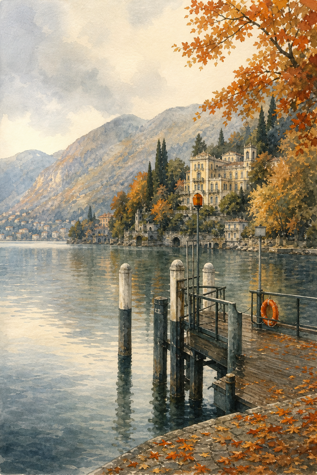 A watercolor scene of a wooden ferry dock on Lake Como on a calm October afternoon, with autumn-colored hills reflected in still water, soft grey sky. Alt: Lake Como ferry dock October autumn afternoon watercolor.