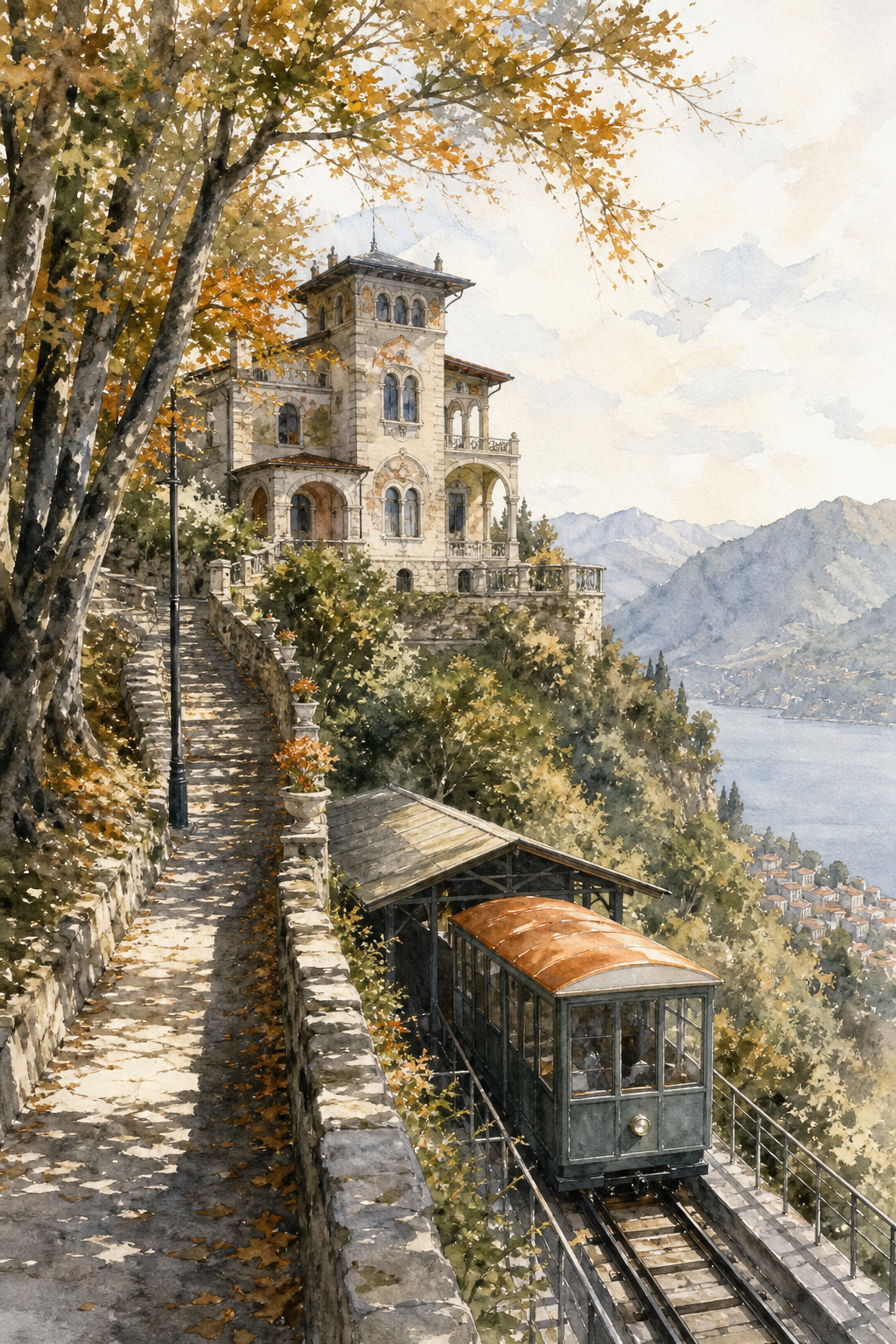 Watercolor scene of a stone villa nestled among beech trees on a hillside, with a path leading up from a funicular station. Alt: Villino Rubini in Brunate above Lake Como, September hillside retreat.