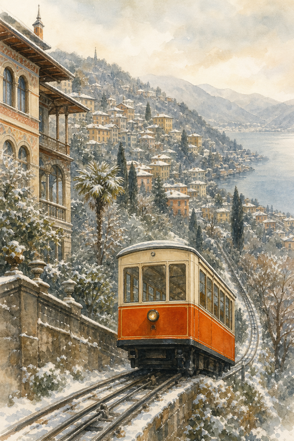 Watercolor illustration of the historic Como-Brunate funicular car climbing through snow-dusted hillside, with the village of Brunate visible above and lake in distance. Alt: Historic funicular climbing to Brunate in winter.