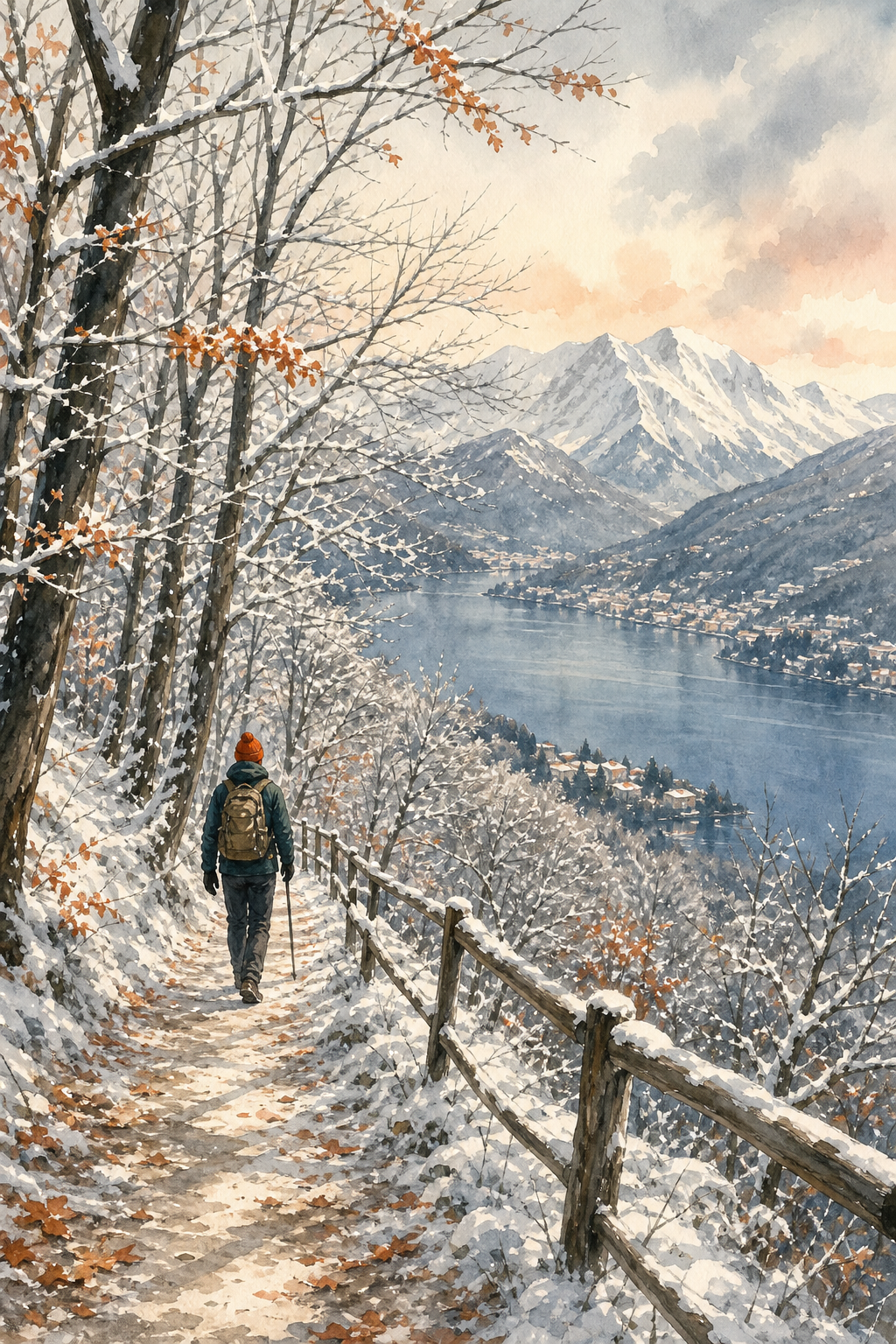 Watercolor scene of a winter hiker on a trail through beech forest above Lake Como, with snow-covered branches and distant snowy peaks. Alt: Winter hiking trail above Brunate with snow-dusted forest.