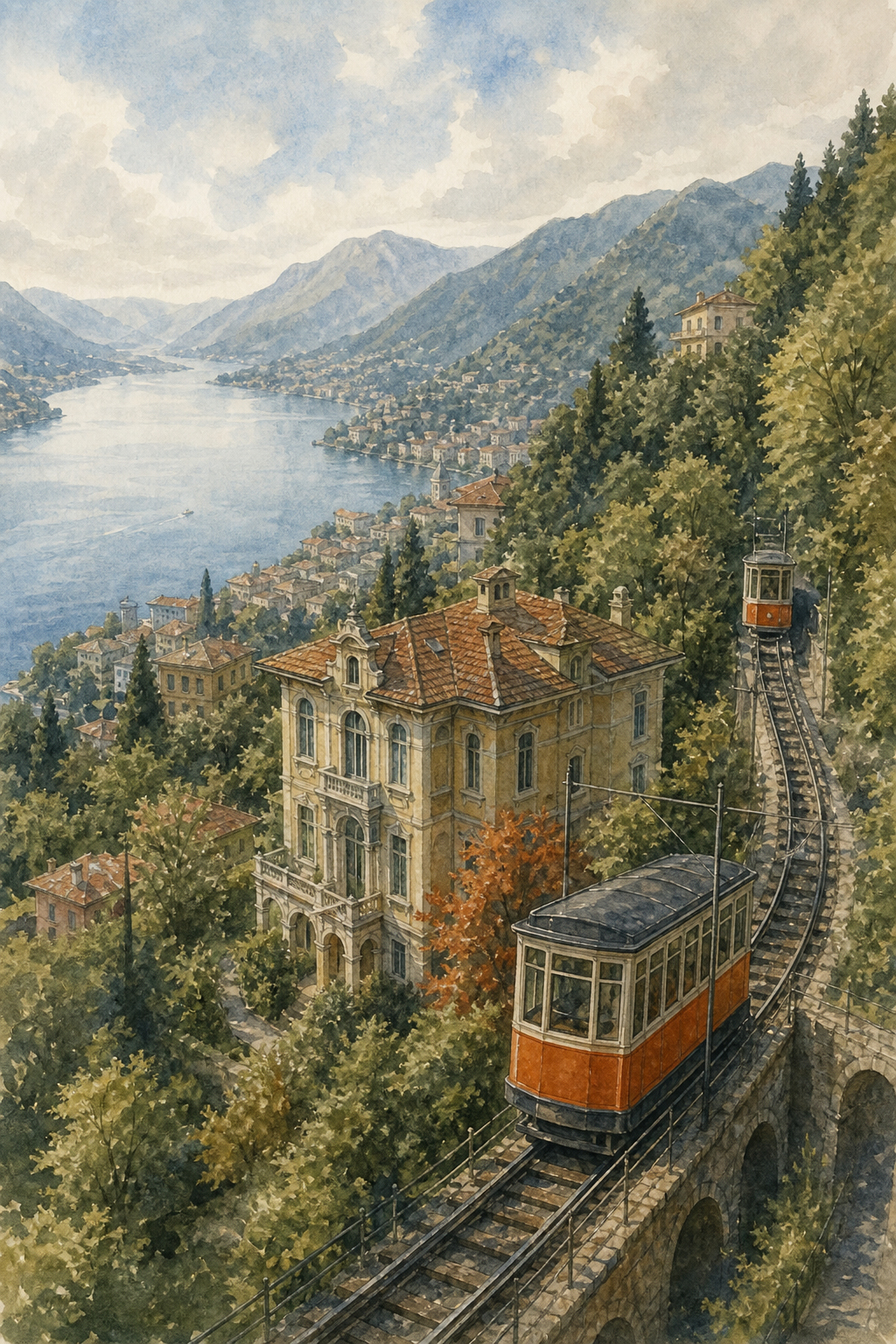 A watercolor panorama of Lake Como with the historic funicular cars climbing the hillside toward Brunate, surrounded by beech forest and pastel houses. Alt: Funicular to Brunate above Lake Como