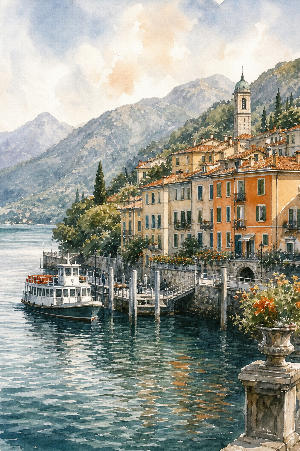 A watercolor depiction of Bellagio's colorful houses and ferry dock on Lake Como, with mountains in the background. Alt: Ferry at Bellagio on Lake Como