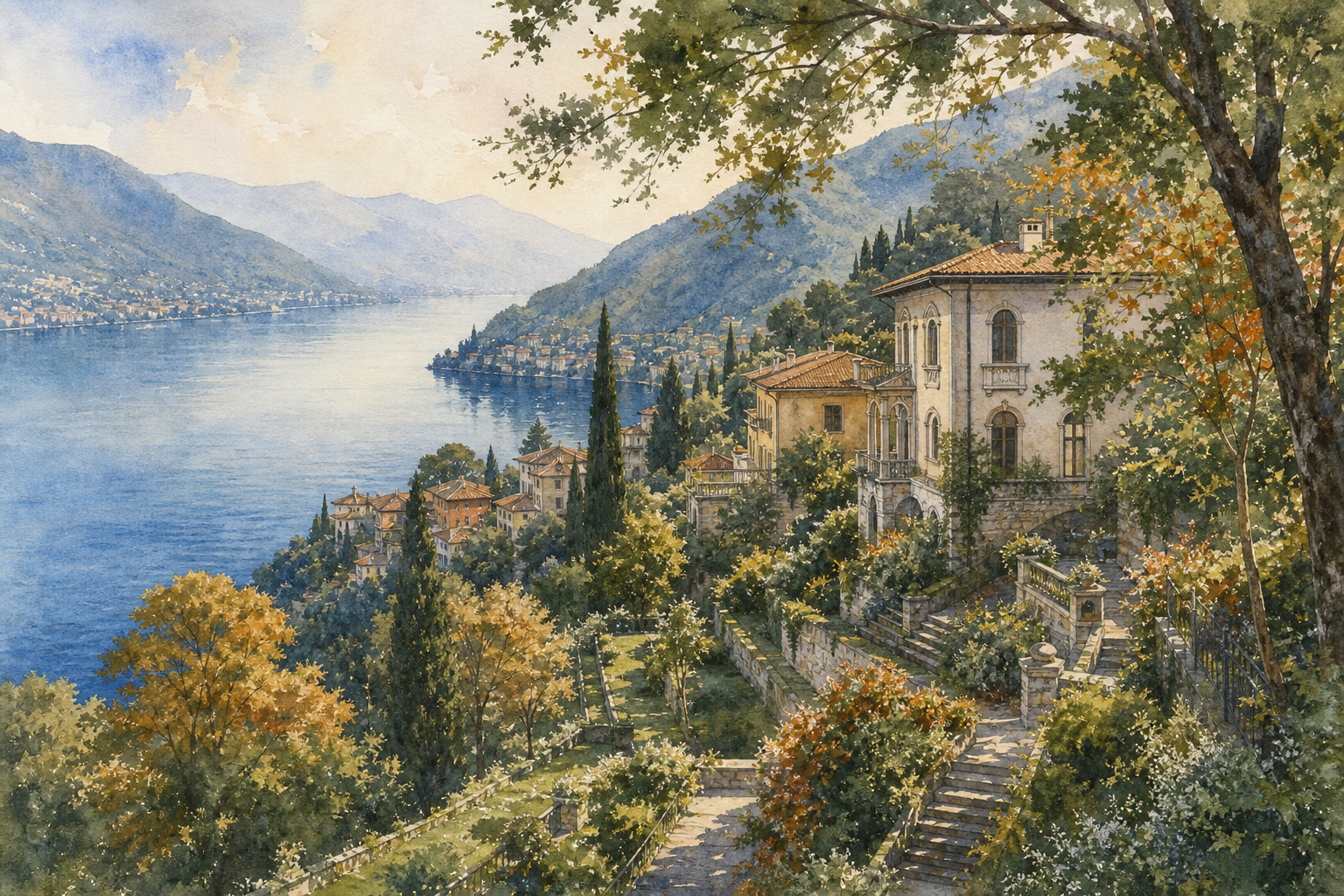 A watercolor painting of a small Italian hillside village above a deep blue lake, surrounded by terraced gardens and beech forest, with soft morning light filtering through the trees. Alt: Hillside village above Lake Como with terraced gardens and forest in watercolor style.