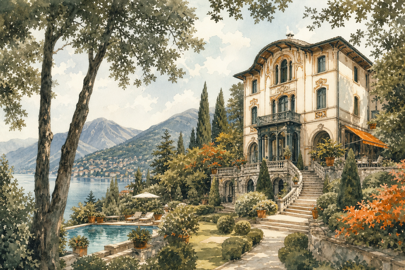 A watercolor illustration of an Art Nouveau estate surrounded by four acres of beech forest and formal gardens on a hillside, with a heated pool glimpsed through century-old trees. Alt: Art Nouveau private estate in Brunate above Lake Como with gardens and pool in watercolor style.