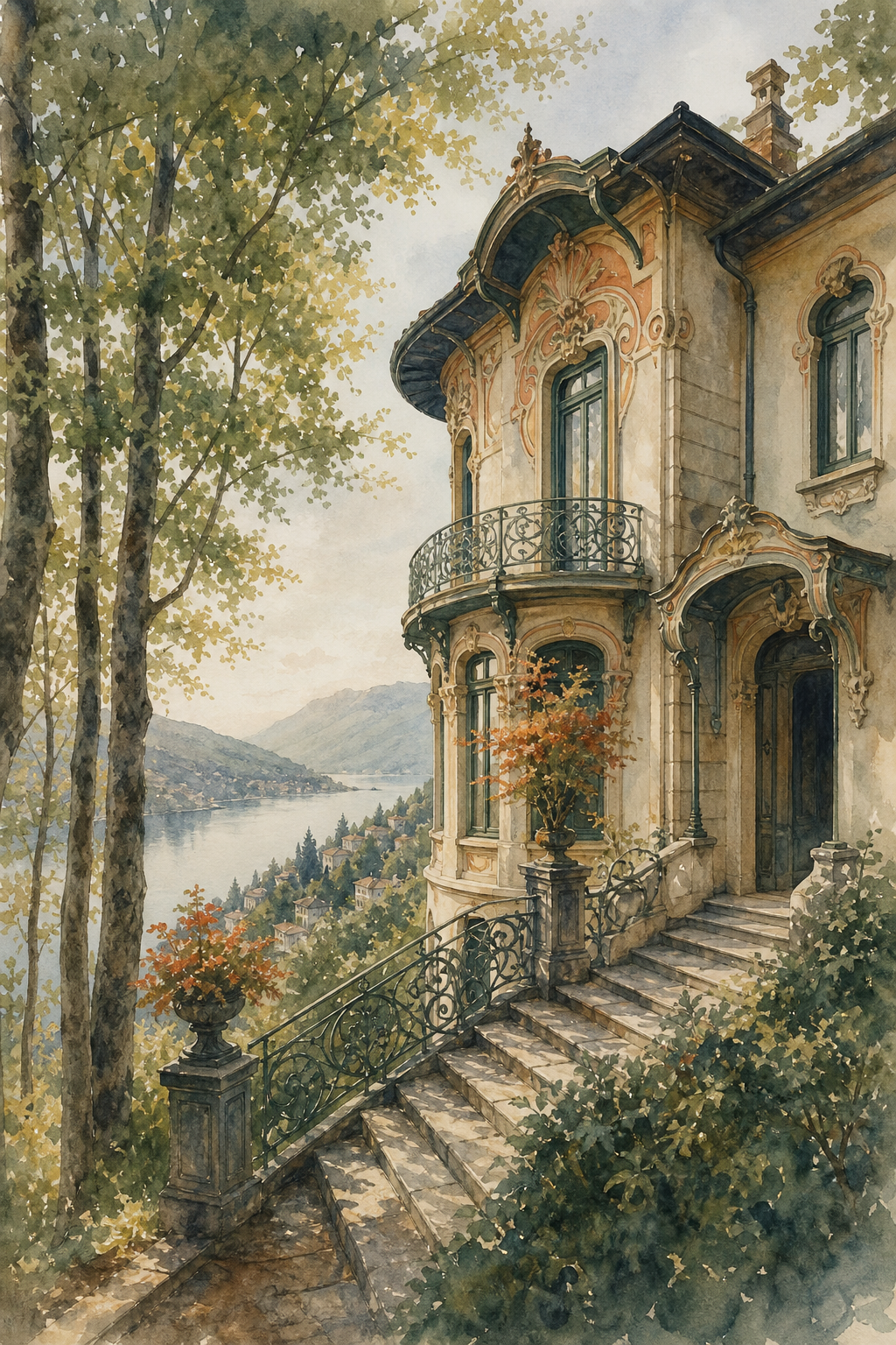 A watercolor painting of the Art Nouveau facade of Villino Rubini estate set among beech trees on a hillside above Lake Como, early morning light filtering through the leaves. Alt: Villino Rubini Art Nouveau estate in Brunate above Lake Como.
