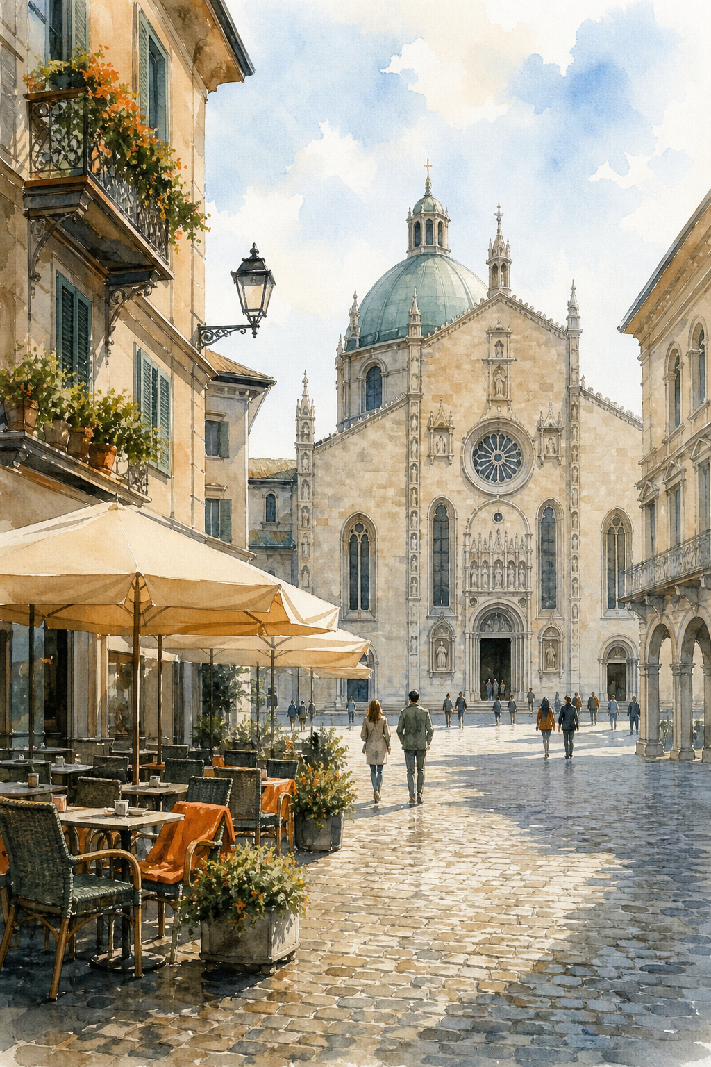 A watercolor scene of Como Cathedral square with cafes and cobblestones, a sunny morning with a few people walking. Alt: Piazza del Duomo in Como Town with Como Cathedral.
