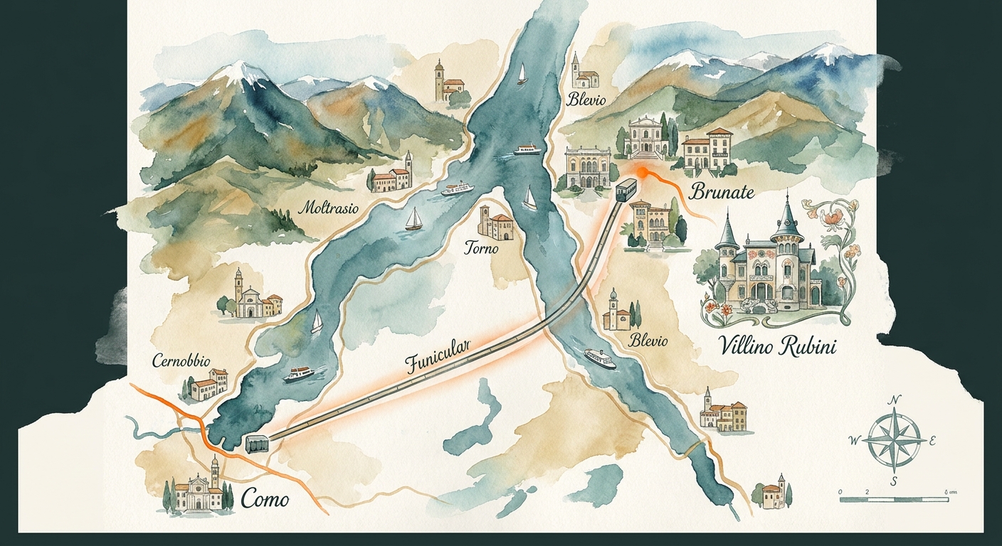 Watercolor illustration of a map showing Lake Como, the town of Como, the funicular line to Brunate, and surrounding villages. Alt: Lake Como area map highlighting Brunate as a villa base