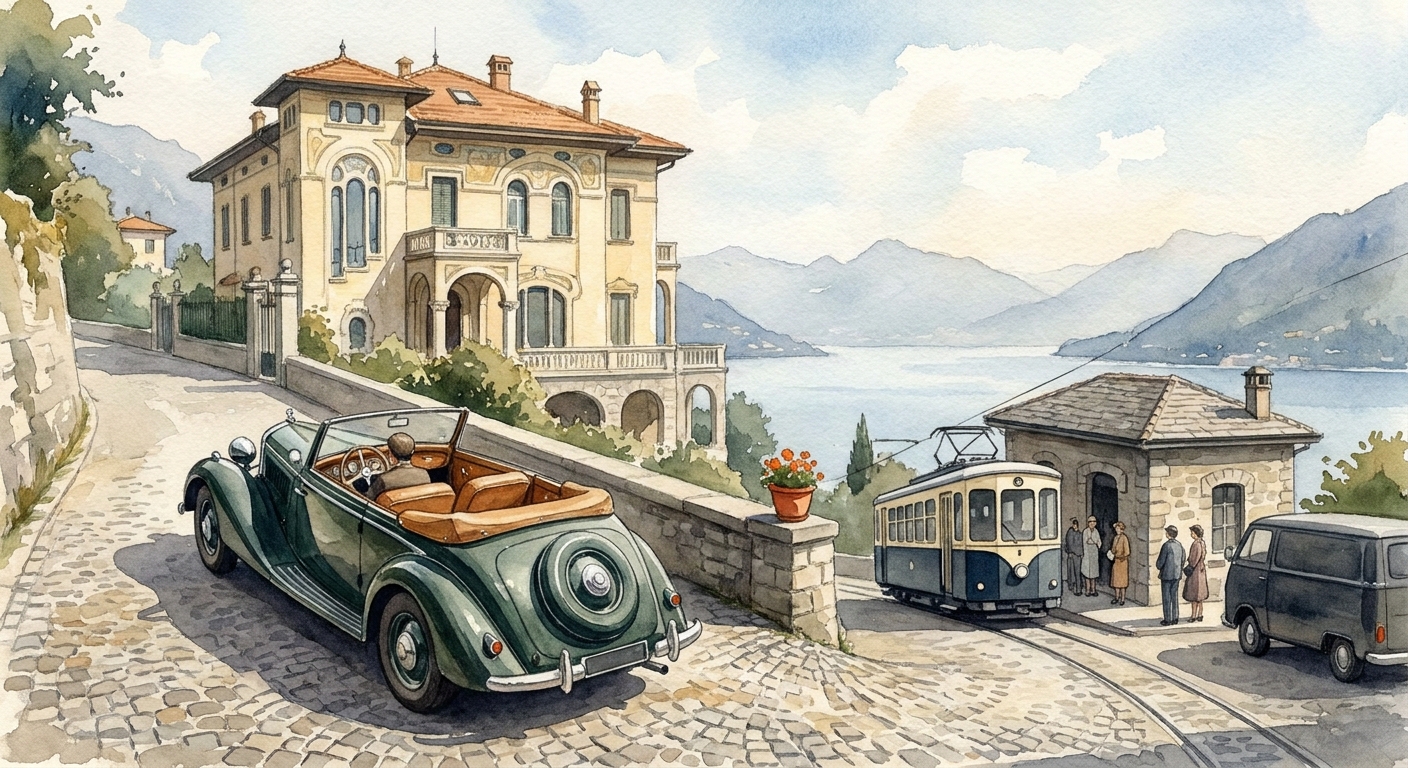 Watercolor scene of a vintage car arriving at a hilltop villa with a shuttle waiting by the funicular station. Alt: Arrival logistics for a Lake Como villa in Brunate