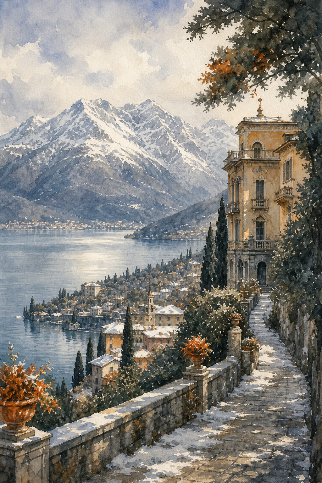 A watercolor scene of snow-covered mountains above Lake Como, with a quiet lakeside village and a path leading uphill. Alt: Snowy peaks above Lake Como in winter.