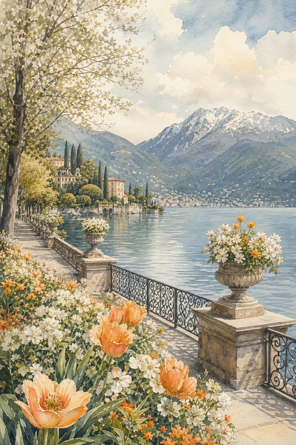 A watercolor of blooming flowers on a lakeside promenade, with mountains in the background under a partly cloudy sky. Alt: Spring flowers along Lake Como promenade.