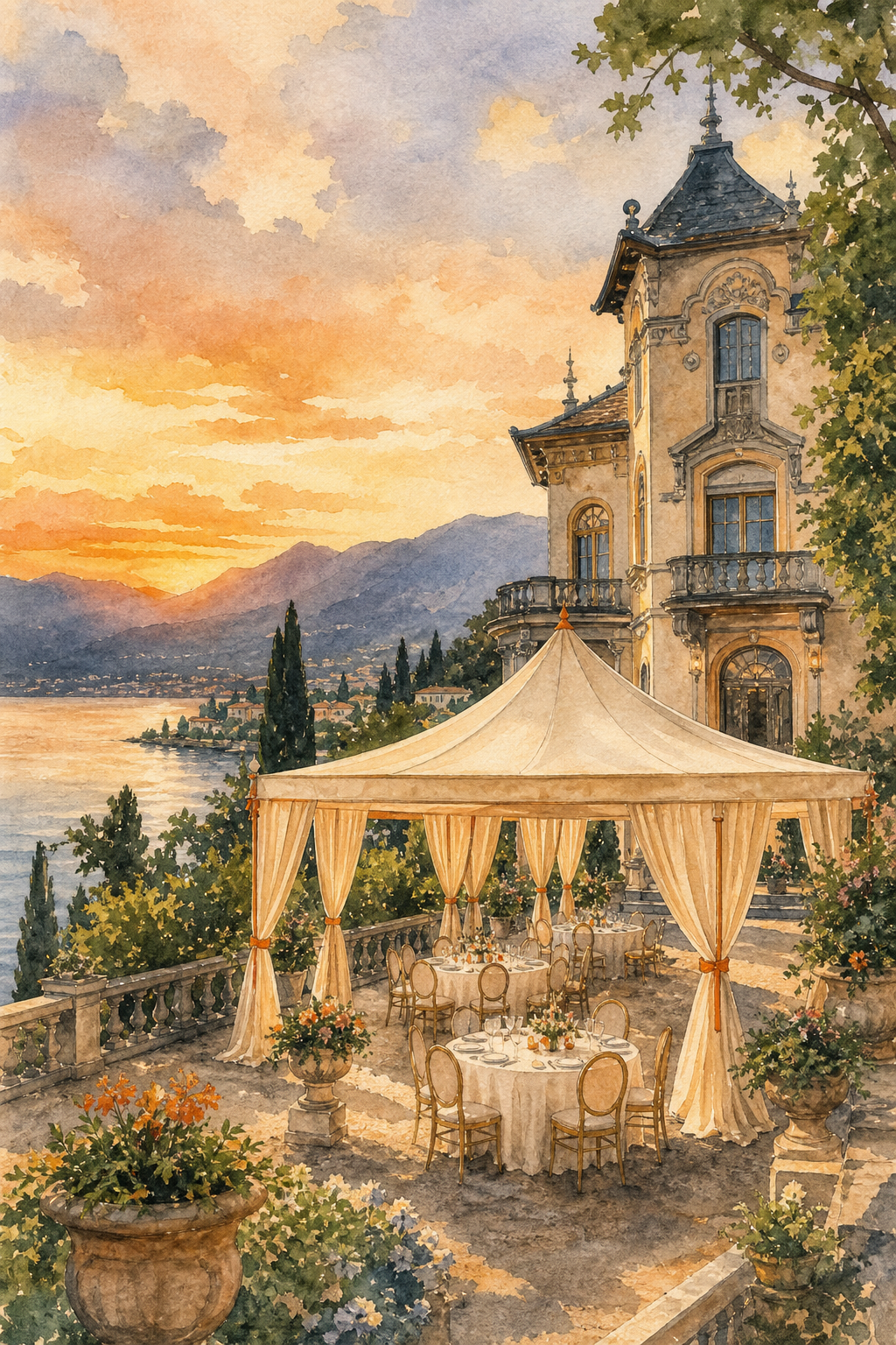Watercolor illustration of Villino Rubini’s garden terrace with elegant marquee and historic villa, lush greenery, warm sunset lighting, alt: "Villino Rubini garden venue"