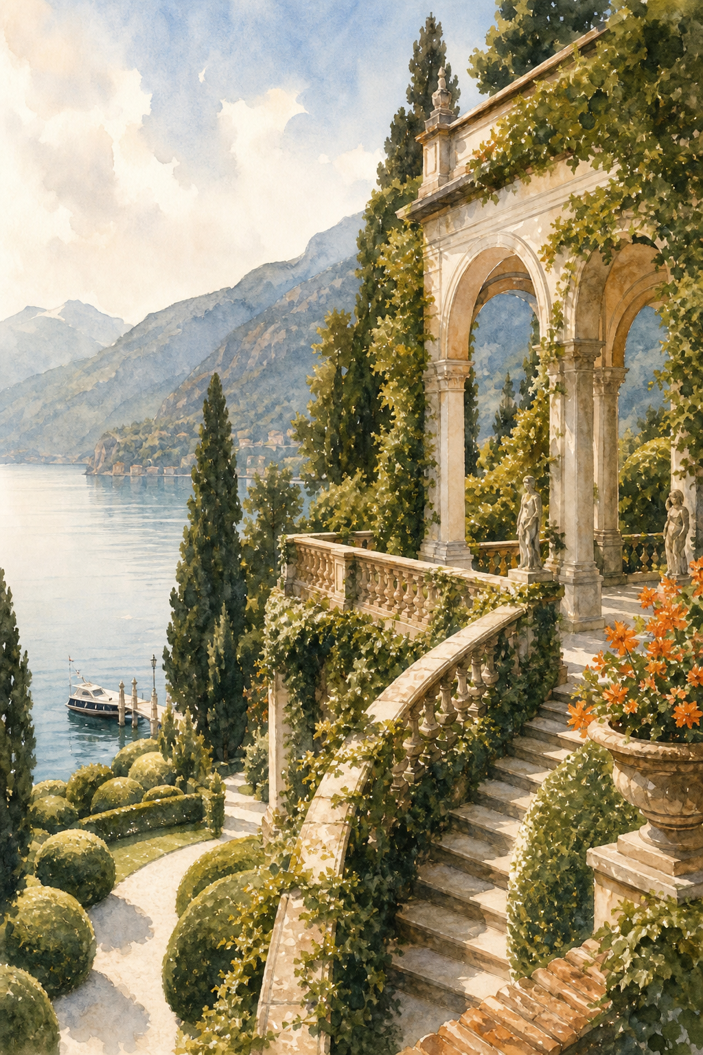 Watercolor scene of Villa Balbianello’s terraced garden and loggia, boat dock in the background, alt:
