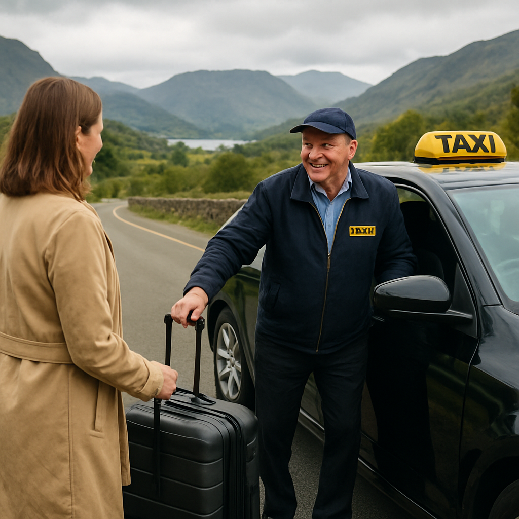 A friendly local taxi driver helping a passenger with luggage near a Lake District road. Alt: Lake District taxi service friendly driver