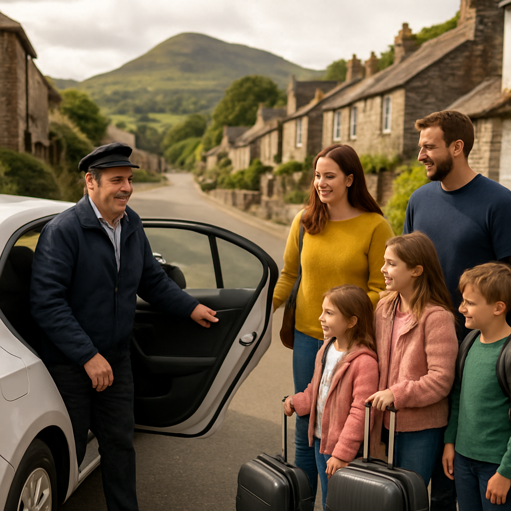 A friendly local taxi driver opening the back door for a family with luggage in a scenic Lake District village. Alt: Lake District taxis comparison