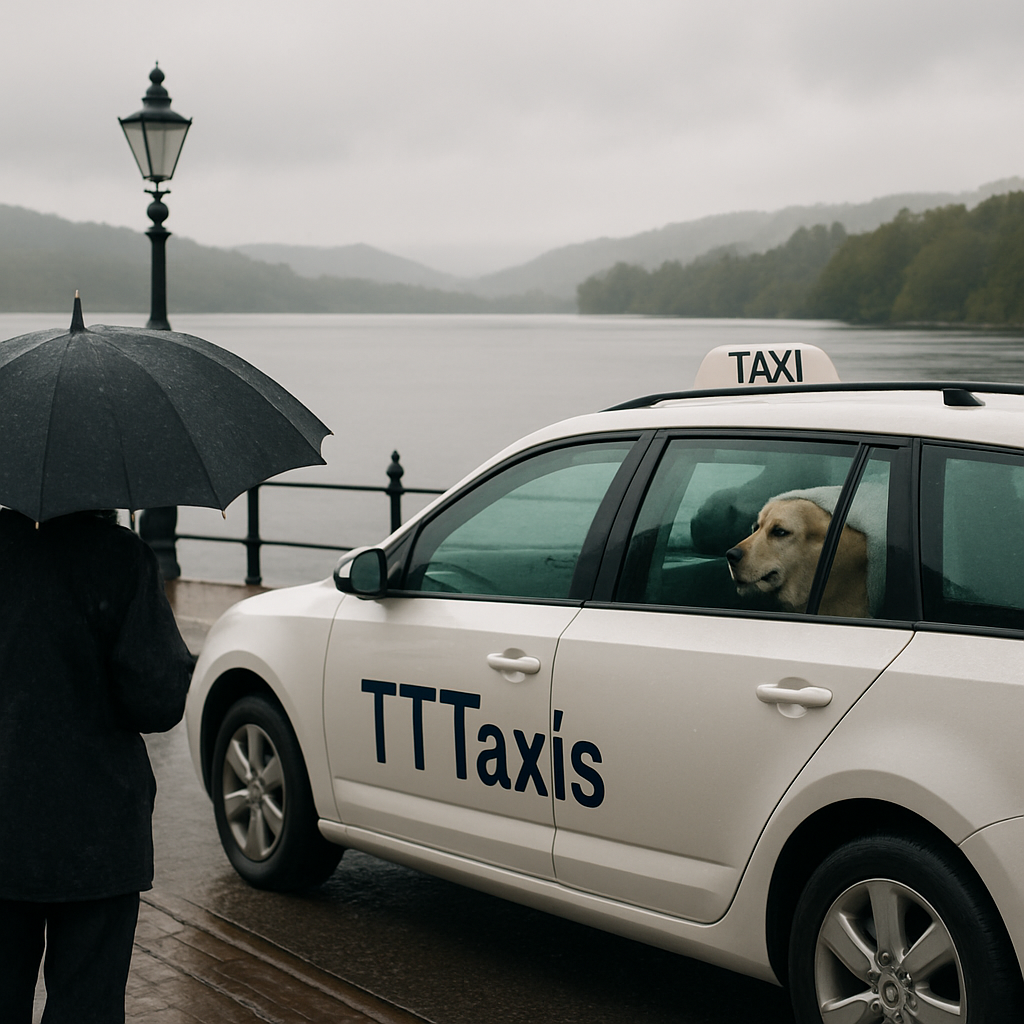 A calm scene of a TTTaxis vehicle pulling up to a lakeside promenade, with a rain‑spattered umbrella and a dog in the backseat. Alt: Lakeside taxi Windermere arriving at the promenade