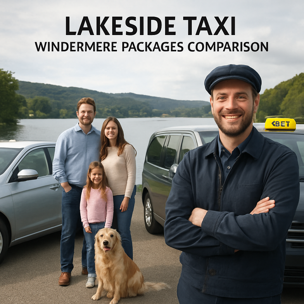 A friendly taxi driver with a family and a dog beside Lake Windermere, showing the different vehicle options. Alt: Lakeside taxi Windermere packages comparison.