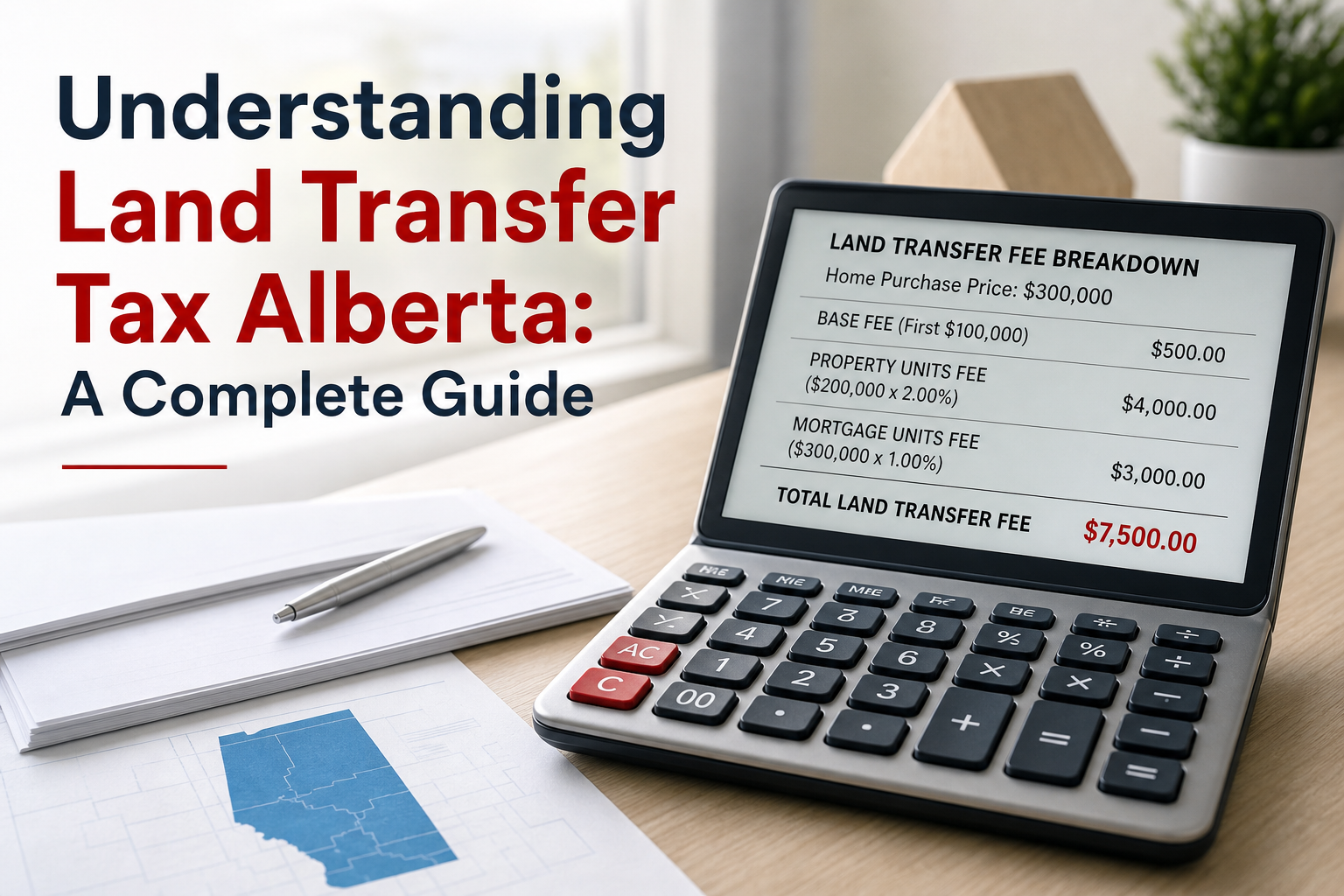 A realistic illustration of a calculator displaying the step‑by‑step fee breakdown for a $300,000 home purchase in Alberta, with clear labels for base fee, property units and mortgage units. Alt: land transfer fee calculation example Alberta
