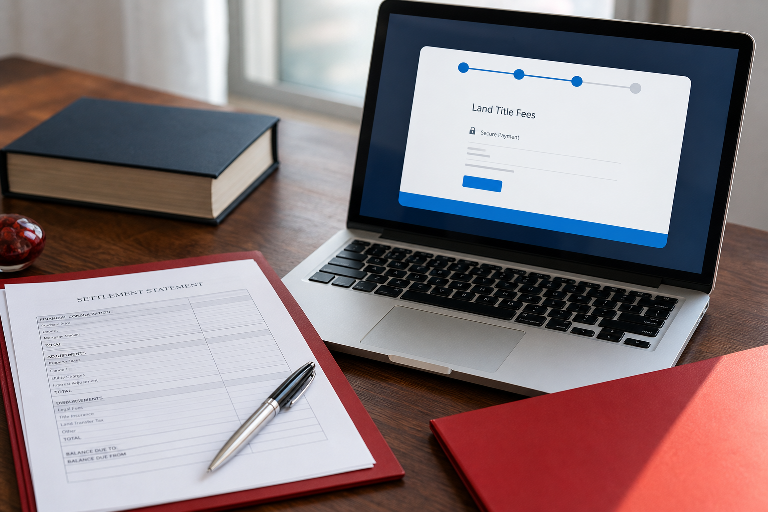 A realistic scene showing a lawyer’s desk with a settlement statement, a pen, and a laptop displaying an electronic payment screen for Alberta land title fees. Alt: closing day payment of land transfer fee Alberta