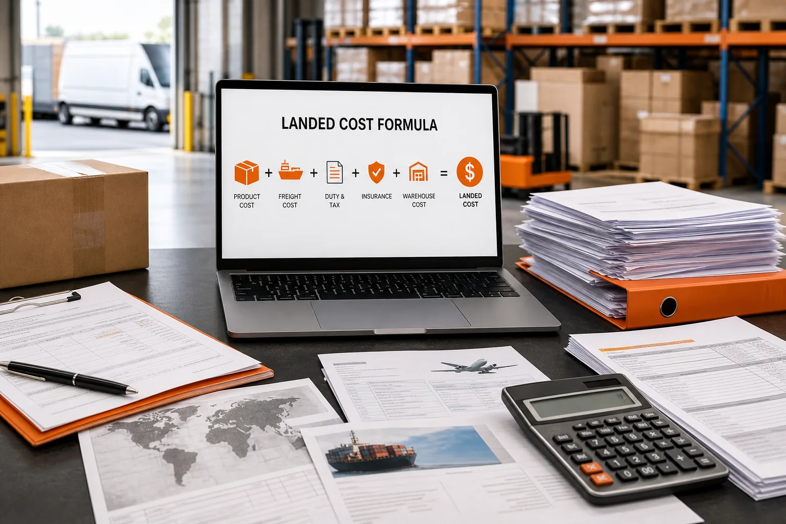 landed cost formula with product, freight, duty, insurance, and warehouse cost documents