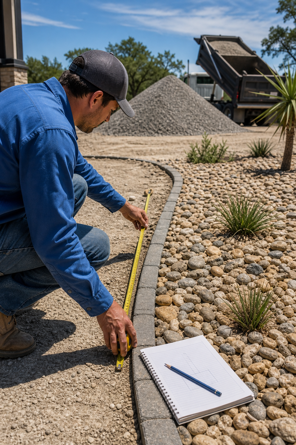 A photorealistic image of a person measuring a landscape bed with a tape measure, with a notepad and pencil nearby. A pile of gravel and a dump truck are visible in the background. Alt: Measuring landscape area for rock delivery San Antonio