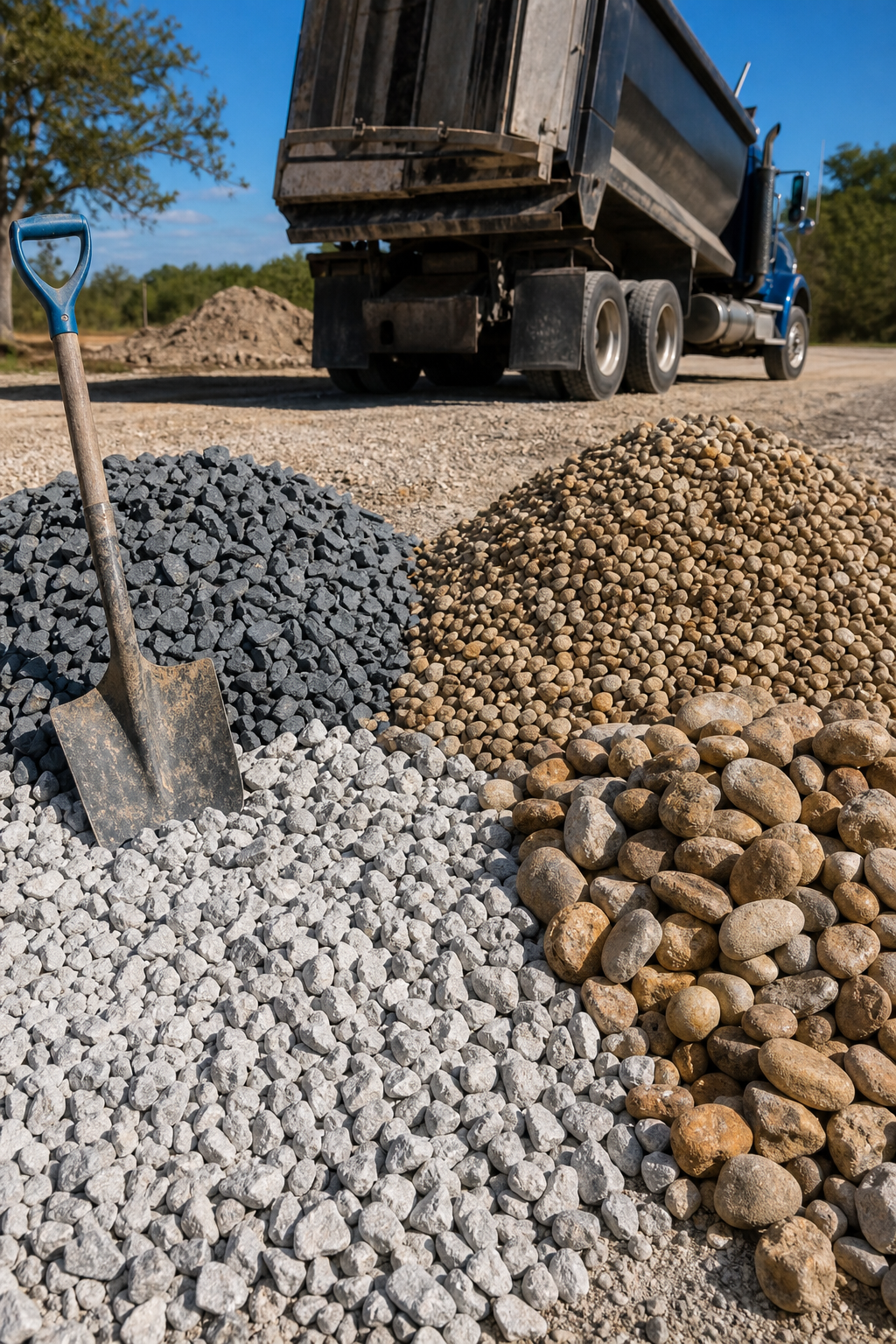 A photorealistic close-up of different landscape rock types arranged in piles, including crushed limestone, river rock, pea gravel, and decorative garden stone, with a shovel nearby. Alt: Types of landscape rock for delivery San Texas