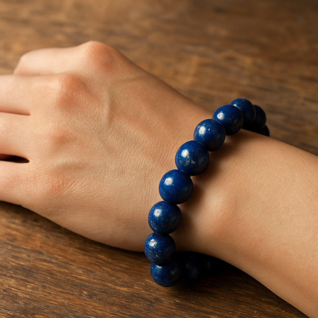 A hand wearing a deep‑blue lapis lazuli bracelet against a rustic wooden table, soft natural light highlighting the golden pyrite flecks. Alt: Lapis lazuli bracelet close‑up showcasing historic colour and texture.