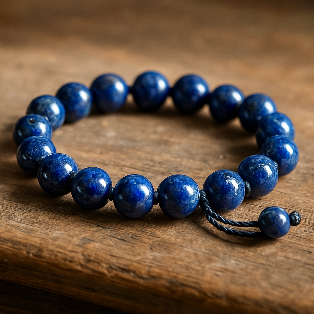 A close‑up of a hand‑strung lapis lazuli bracelet on a wooden workbench, soft natural light highlighting the deep blue and gold flecks. Alt: lapis lazuli bracelet buying guide